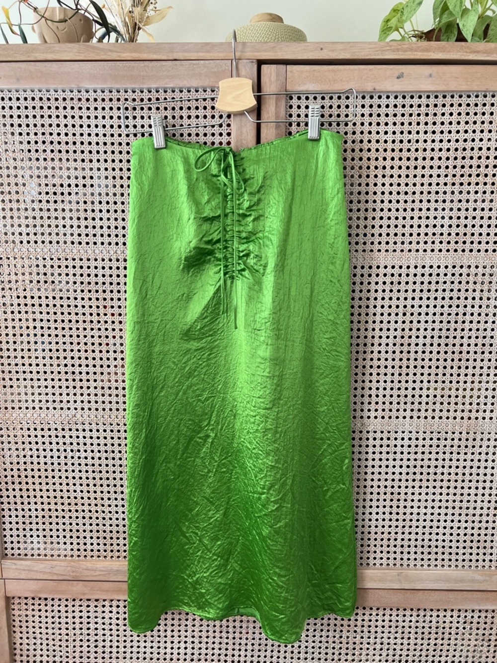 & Other Stories Green Satin Midi Skirt with Front Tie